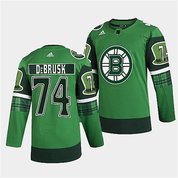 Men's Green Boston Bruins #74 Jake DeBrusk 2022 St Patricks Day Warm-Up Stitched Jersey